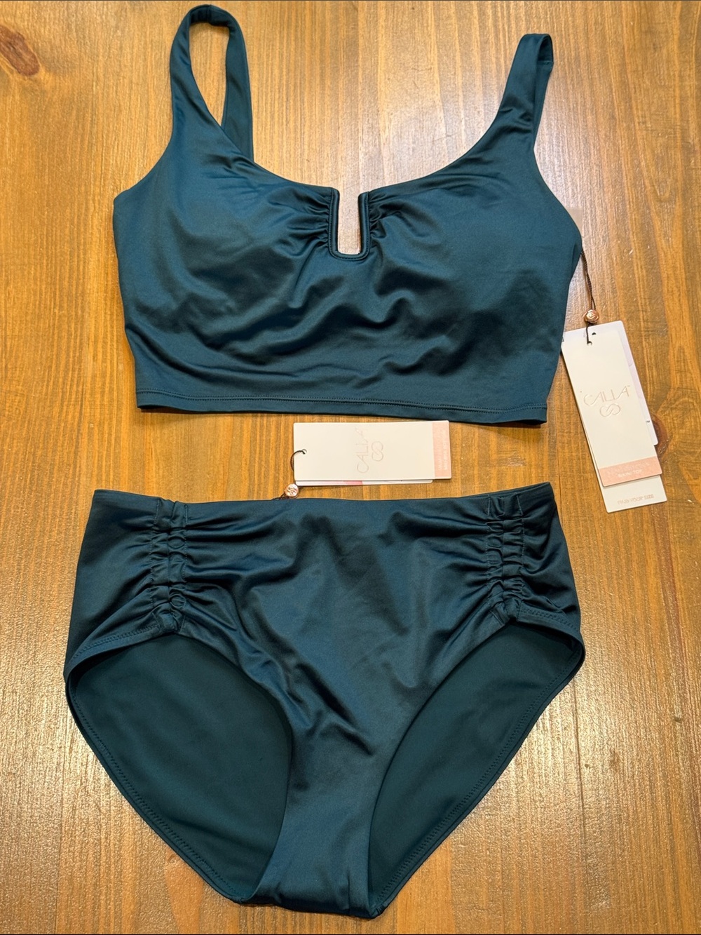 CALIA Sea Green Shine long line U bar top & adjustable side tie swim bottoms